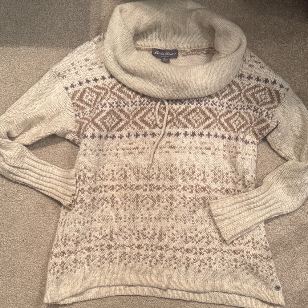 Eddie Bauer Cream and Brown Cowl Neck Sweater